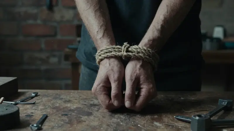 Manos atadas con cuerda de cáñamo en un taller oscuro con herramientas y una pared de ladrillo envejecido.