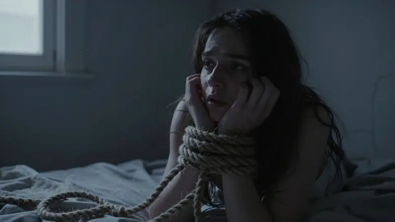 Muñecas atadas con cuerdas en un dormitorio oscuro y desolado, con una pared agrietada de fondo.