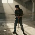 Joven adulto forcejeando contra ataduras de cuerda en el interior de un almacén abandonado y en ruinas, iluminado por rayos de sol polvorientos.