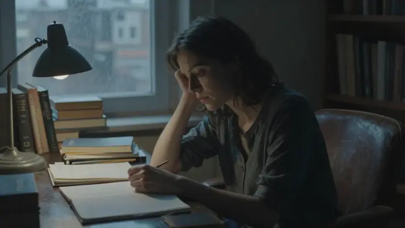 Retrato íntimo de una mujer joven concentrada en un estudio lleno de libros, con un escritorio desordenado y una lámpara antigua. Ambiente melancólico y con luz tenue.