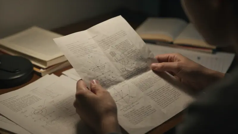 Manos apretando con fuerza una página arrugada llena de diagramas y notas en una habitación de estudio tenuemente iluminada, rodeada de libros sobre análisis de sueños y psicología.