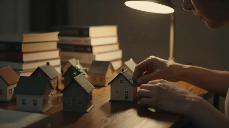 Manos femeninas colocando con cuidado casas en miniatura sobre una mesa de madera oscura, en un ambiente de estudio melancólico e íntimo, iluminado por una lámpara.