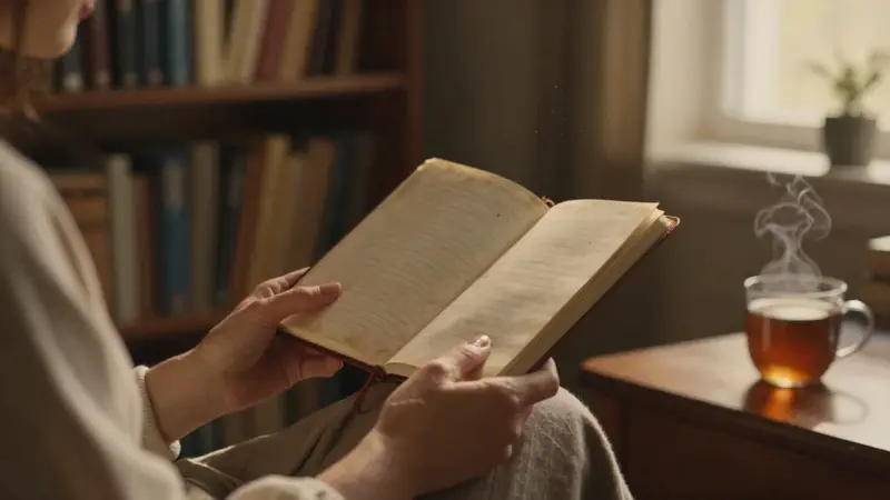 Manos sosteniendo un diario de sueños desgastado en una habitación con estanterías y luz dorada, evocando un ambiente de estudio tranquilo y reflexión personal.