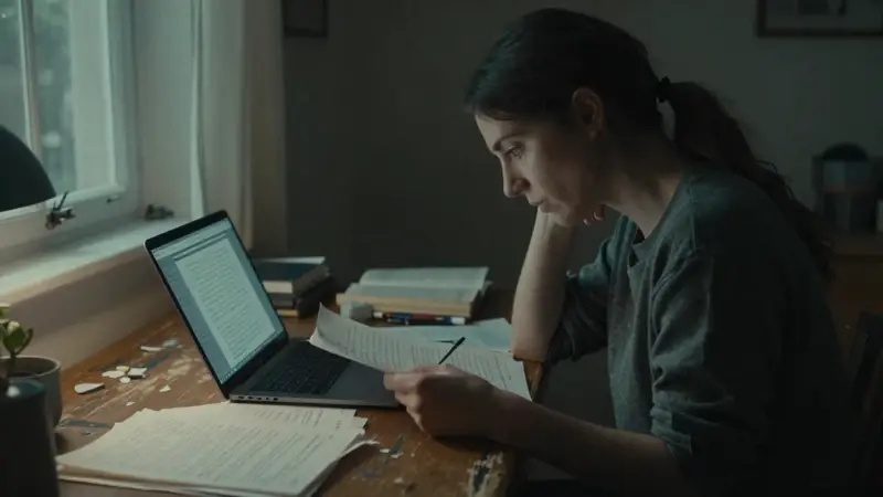 Mujer revisando notas y su diario de sueños en un ordenador portátil en un despacho con luz tenue, rodeada de libros de psicología y papeles. Ambiente introspectivo y nocturno.