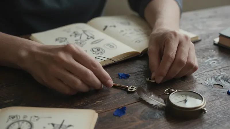 Manos colocando objetos simbólicos—una llave, una pluma y un reloj roto—sobre un escritorio de madera oscura, con páginas de un diario de sueños y bocetos en el fondo desenfocado.