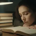 Mujer pensativa en un estudio tenuemente iluminado, rodeada de libros sobre análisis de sueños y psicología.
