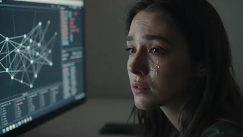 Mujer con expresión de angustia frente a una pantalla de ordenador en una habitación tenuemente iluminada, con visualizaciones de datos abstractas visibles.