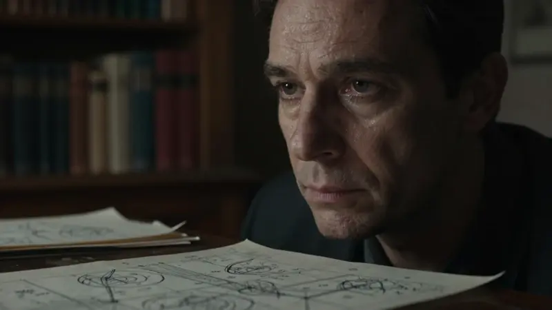 Retrato de un hombre en un estudio oscuro, rodeado de libros y papeles con diagramas, con una expresión pensativa y melancólica, evocando la introspección y el análisis psicológico de los sueños.