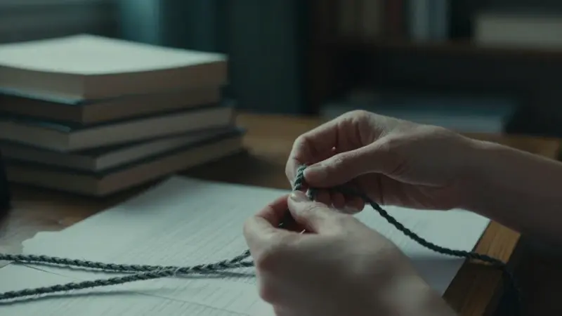 Manos desatando un nudo complejo de cuerda oscura sobre un escritorio lleno de libros y papeles de análisis psicológico, evocando la resolución de desafíos internos y la búsqueda de significado.