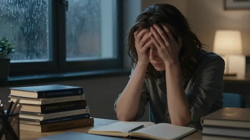 Mujer abrumada sentada en un escritorio, rodeada de diarios de sueños y libros de psicología, con una expresión de angustia y lluvia en la ventana.