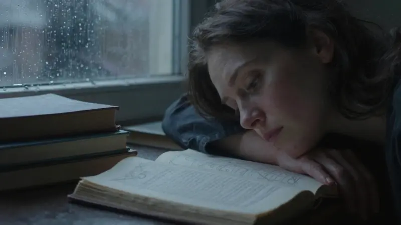 Mujer pensativa en un estudio con libros de análisis de sueños, iluminada tenuemente con luz claroscuro y una ventana lluviosa al fondo.
