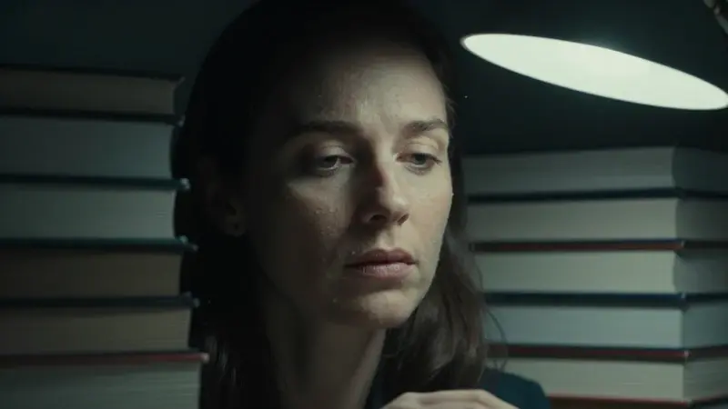 Mujer concentrada e iluminada por una lámpara, rodeada de libros de psicología en un estudio oscuro y melancólico, reflejando la introspección y el análisis de los sueños.