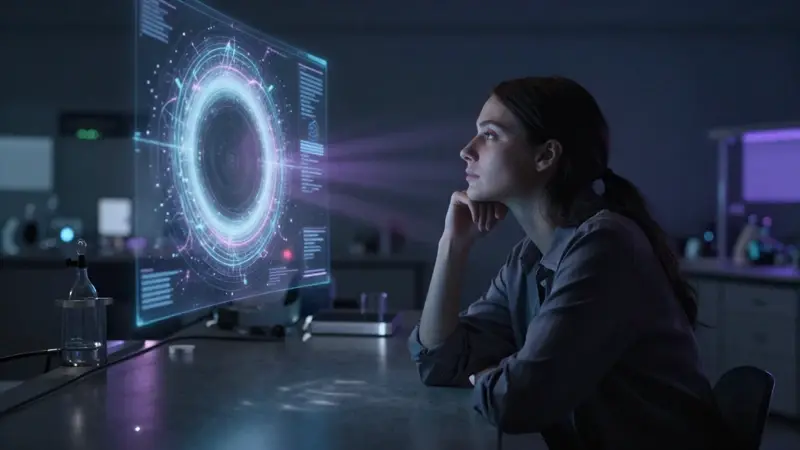 Mujer pensativa estudiando una proyección holográfica de un agujero de gusano en un laboratorio neurocientífico tenuemente iluminado.