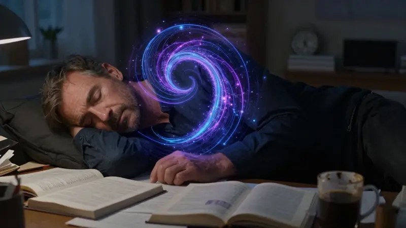 Barry, un hombre de mediana edad, duerme en su desordenado despacho, con libros de psicología y papeles alrededor, mientras una proyección holográfica de un agujero de gusano se superpone sutilmente a su figura.
