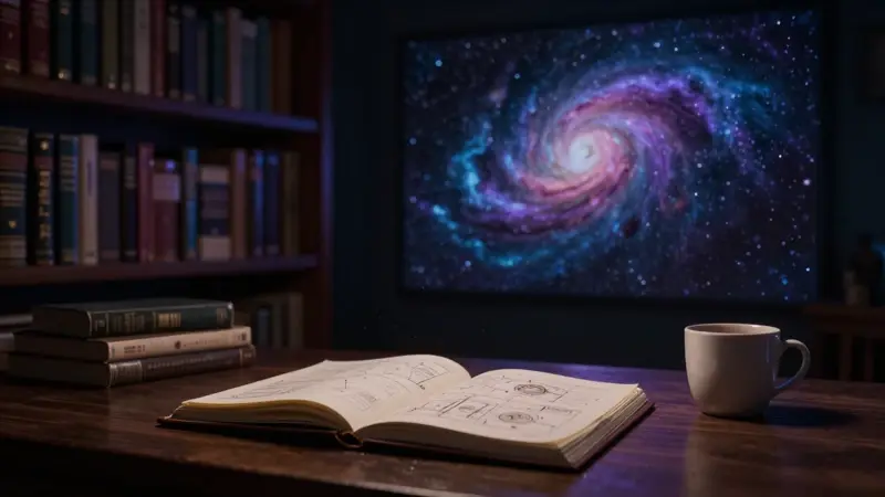 Interior de estudio tenuemente iluminado con estanterías repletas y un cuaderno abierto con diagramas complejos, proyectando una nebulosa arremolinada en la pared. Ambiente analítico y melancólico.