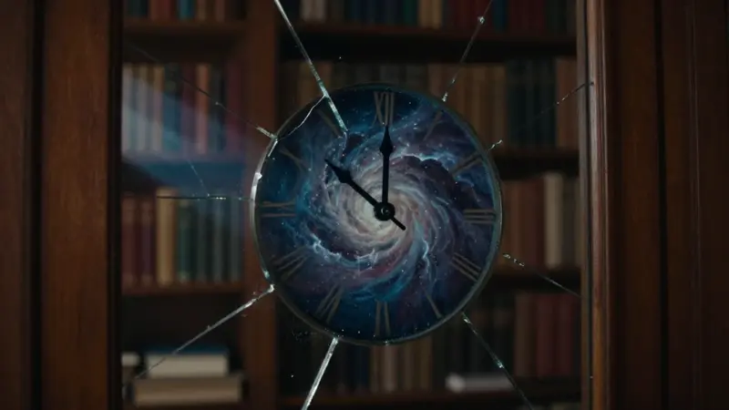 Espejo roto reflejando un reloj distorsionado en un estudio antiguo con estanterías llenas de libros. El reflejo fragmentado revela una nebulosa arremolinada.