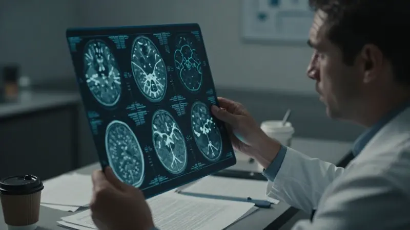 Neuropsicólogo frustrado revisa escáneres cerebrales superpuestos a visualizaciones distorsionadas de agujeros de gusano en un despacho tenuemente iluminado y desordenado.
