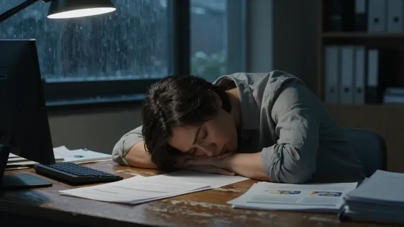 Terapeuta exhausto, inclinado sobre un escritorio lleno de papeles sobre análisis de sueños en una oficina a altas horas de la noche, con lluvia en la ventana.