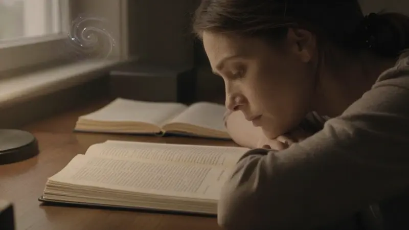 Mujer pensativa en un estudio con libros de psicología y un diario de sueños, con una nebulosa visible a través de la ventana.
