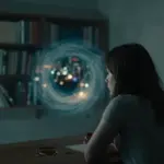 Mujer pensativa frente a un vórtice de luces urbanas distorsionadas en un estudio lleno de libros, con una atmósfera melancólica y tenue iluminación.