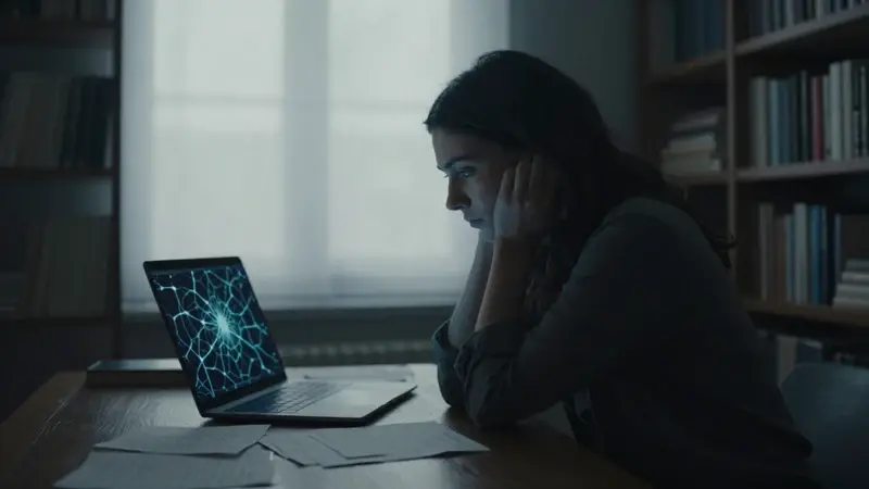 Mujer pensativa silueteada frente a un escritorio lleno de libros y notas en un estudio tenuemente iluminado, con una laptop mostrando una visualización de red neuronal.