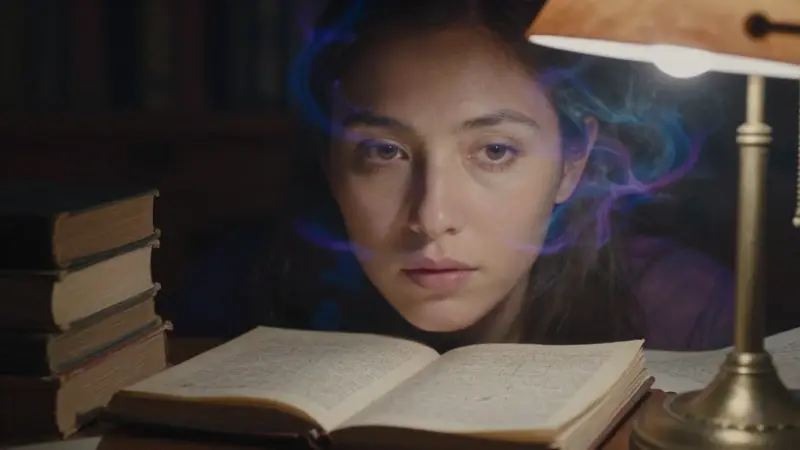 Primer plano de rostro femenino entre imágenes oníricas translúcidas, en un estudio antiguo con libros y notas de análisis. Ambiente introspectivo y melancólico.