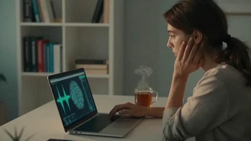 Mujer en su oficina en casa, concentrada en la interpretación de patrones de ondas cerebrales mostrados en su laptop, con libros de psicología al fondo y una taza de té cerca.