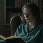 Mujer pensativa en un estudio con estanterías repletas de libros, con un diario abierto en su regazo. Ambiente melancólico y luz tenue.