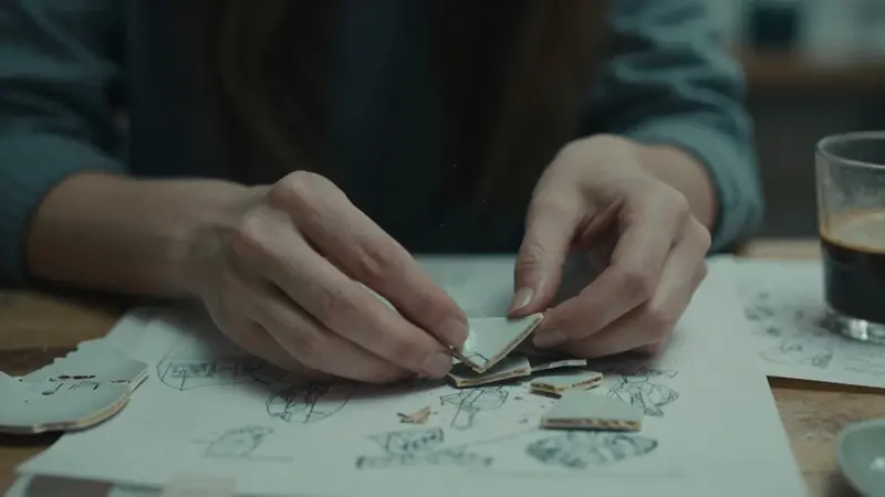 Manos ensamblando delicadamente fragmentos de porcelana rota en un estudio tenuemente iluminado, con notas y bocetos dispersos alrededor.