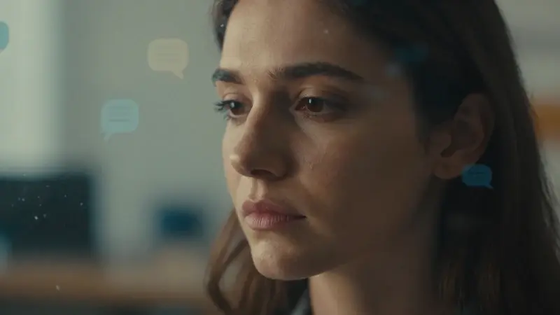 Primer plano del rostro de una mujer, con imágenes superpuestas que evocan conversaciones fragmentadas y un entorno de oficina difuso, sugiriendo la relación entre sueños y la comunicación interpersonal.