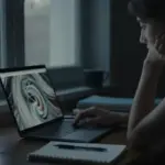 Mujer frente a una laptop en un estudio iluminado tenuemente, analizando imágenes abstractas posiblemente relacionadas con sueños, con un diario y bolígrafo sobre el escritorio.