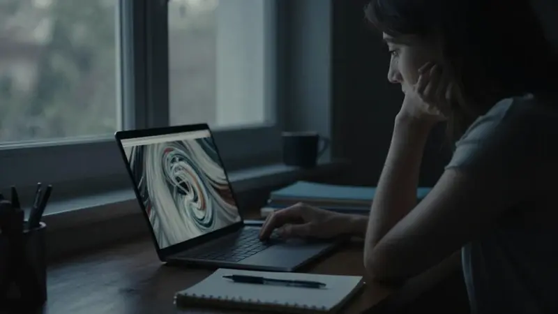 Mujer frente a una laptop en un estudio iluminado tenuemente, analizando imágenes abstractas posiblemente relacionadas con sueños, con un diario y bolígrafo sobre el escritorio.