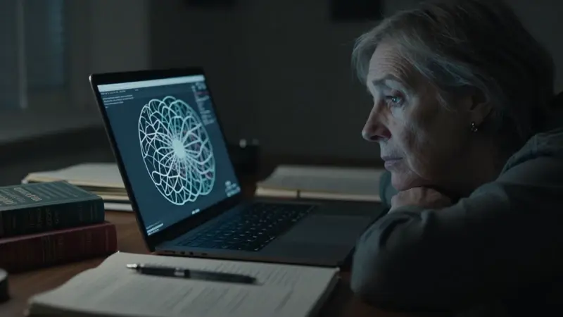 Mujer frente a un ordenador portátil con una visualización de red neuronal, rodeada de libros y diarios de sueños, en un ambiente de estudio tenue y nocturno.