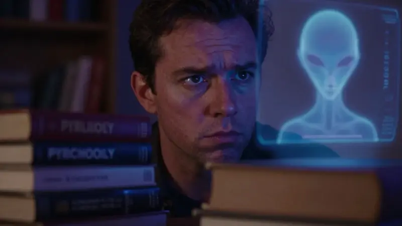 Primer plano de una frente fruncida y ojos concentrados en la proyección holográfica de una silueta alienígena, en un estudio lleno de libros de psicología.