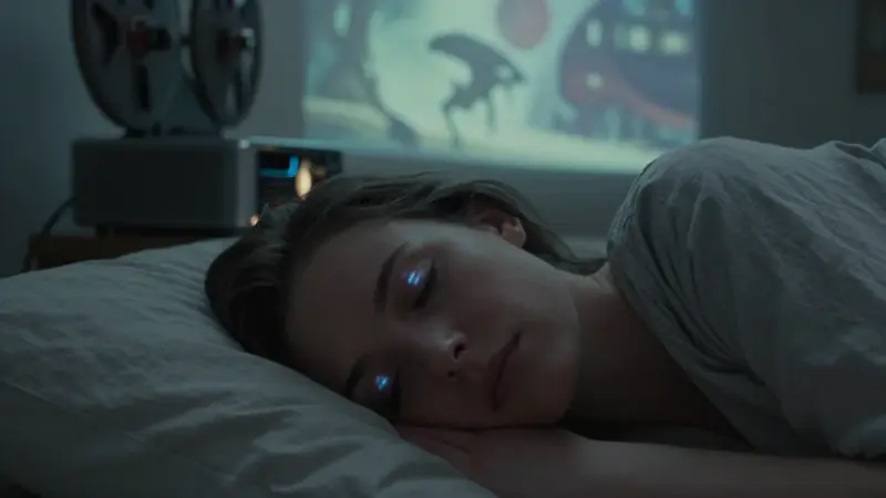 Mujer durmiendo plácidamente con una proyección de paisaje alienígena de ciencia ficción sobre la pared detrás de ella.