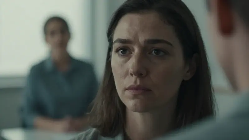 Mujer con expresión preocupada en consulta con un psicólogo, posiblemente por sueños relacionados con extraterrestres.