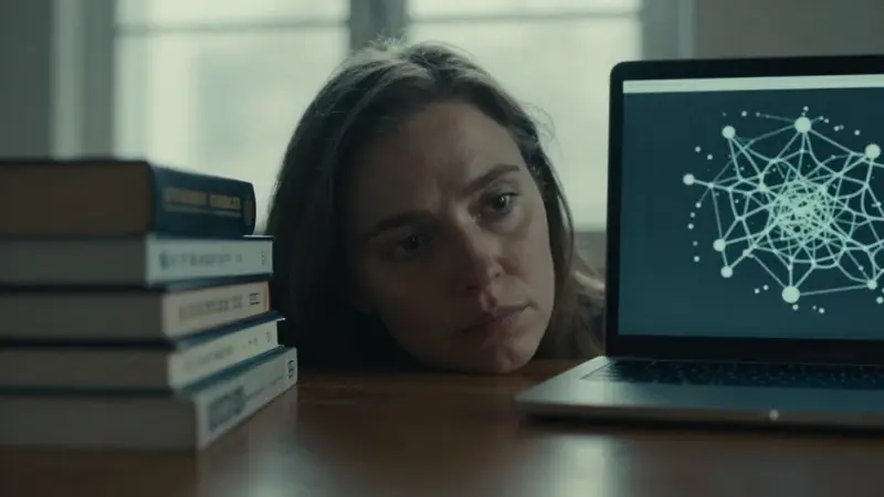Mujer pensativa frente a un portátil que muestra una visualización de red neuronal, rodeada de libros de psicología en un estudio tenuemente iluminado.