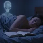 Dormitorio tenuemente iluminado con una mujer durmiendo y la proyección holográfica de una silueta de extraterrestre sobre la cama.