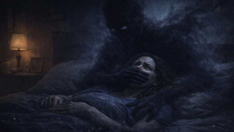 Mujer aterrorizada en la cama durante una pesadilla de parálisis del sueño, con una sombra oscura y fantasmal encima, simbolizando ansiedad, miedo nocturno y conflictos emocionales.